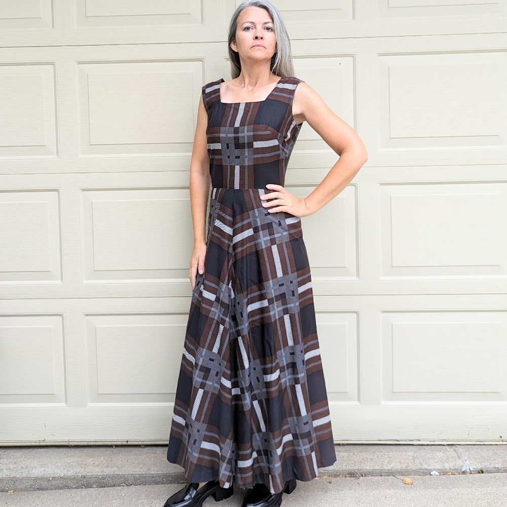 1960s Quad Boutique Red Plaid Maxi Dress Jumper